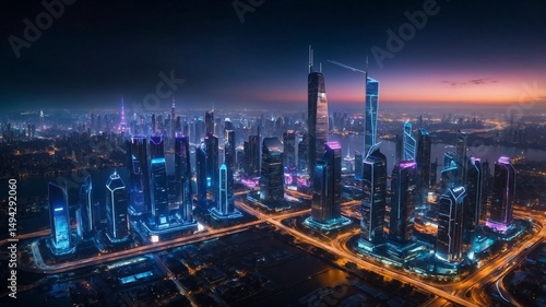 Wallpaper Mural . "Smart city skyline at night, AI-powered drones flying, neon lights, sci-fi cyber-future, ultra-realistic" Torontodigital.ca