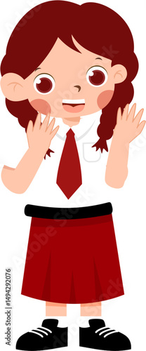 Excited Schoolgirl Waving, Dark Red Skirt and Tie, Cartoon Style Illustration