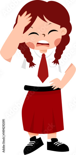 Cartoon schoolgirl in uniform with a headache, eyes closed, hand on head.