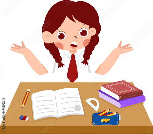 Confused student, open book, desk: Girl shrugging with school supplies, cartoon illustration.