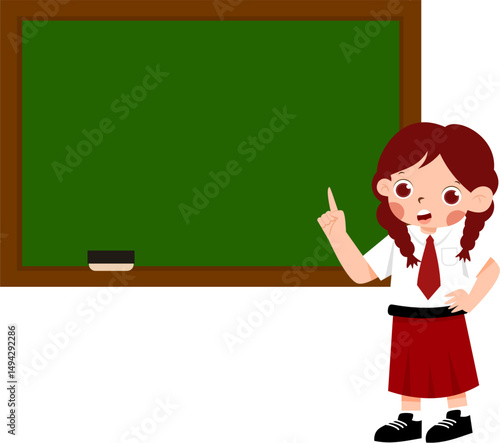 Enthusiastic Student by Chalkboard, Red Skirt, Pointing Upward, Flat Illustration