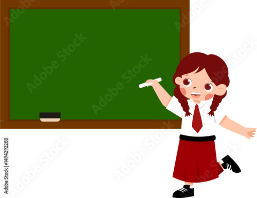 Animated Girl with Chalk by Green Chalkboard, Red Skirt Uniform.