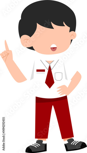Animated Boy in School Uniform with Raised Finger, Idea Concept.