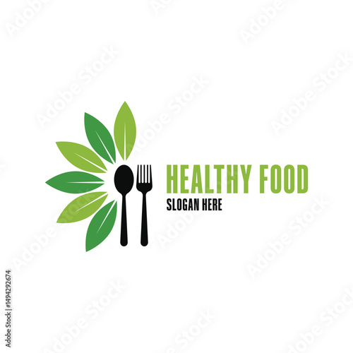 healthy food logo design concept with leaf, sppon and fork icon