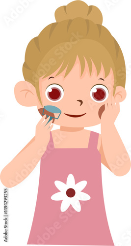 Girl applying makeup with brush, pink dress, tied up hair.