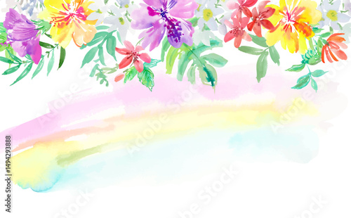 Abstract watercolor vector illustration of purple and yellow hibiscus flowers, monstera, and tropical plants for background use. Hand-drawn frame with tropical flowers and a rainbow.