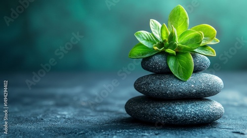 Tranquil Stacked Stones with Fresh Green Leaves for Serenity and Balance in Nature Photography