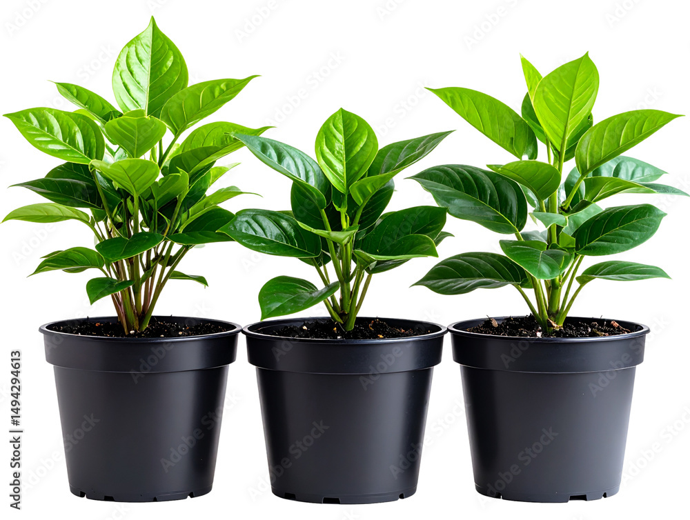 Obraz premium Potted plants, three pots of green leaves in black pots, high-definition photography
