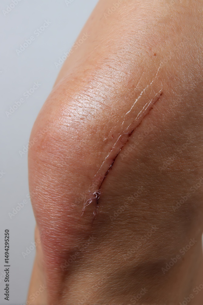 Fototapeta premium a close-up of a post-surgery scar on the upper leg, smooth healing tissue, realistic skin detail, medical lighting,