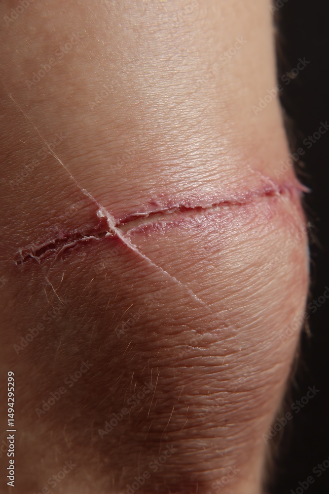 Fototapeta premium a close-up of a post-surgery scar on the upper leg, smooth healing tissue, realistic skin detail, medical lighting,