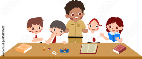 Illustrated classroom scene with diverse students and teacher at desk.