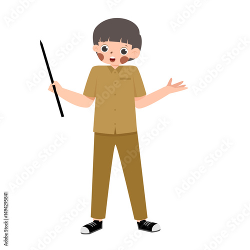 Cartoon figure, teacher, pointer, uniform, presentation.