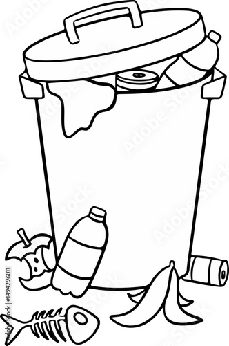 Overflowing Trash Can: Black and White Line Art, Food Waste, Recyclables.
