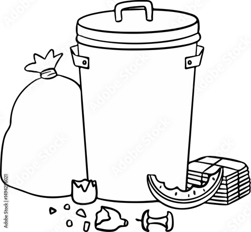 Linework Illustration: Full Trash Can with Bag, Watermelon Rind, and Paper Stack.
