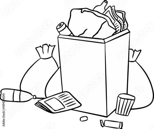 Overflowing Trash Bin: Black and White Line Art Illustration of Waste Disposal.