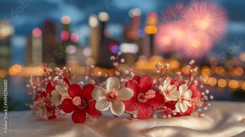 Vibrant red-and-white hibiscus garland on satin, festive Singapore National Day with fireworks in the backdrop, celebrating elegance and patriotism.
