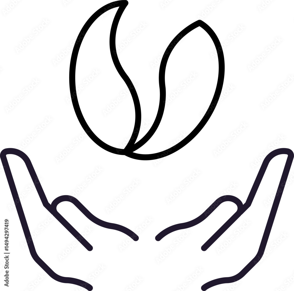 Obraz premium Coffee Bean over Open Hands Minimalistic Line Icon for Web and Graphic Design, Apps, Banners, Social Network and Cards