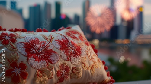 Vibrant red-and-white hibiscus garland on satin, festive Singapore National Day with fireworks in the backdrop, celebrating elegance and patriotism.
