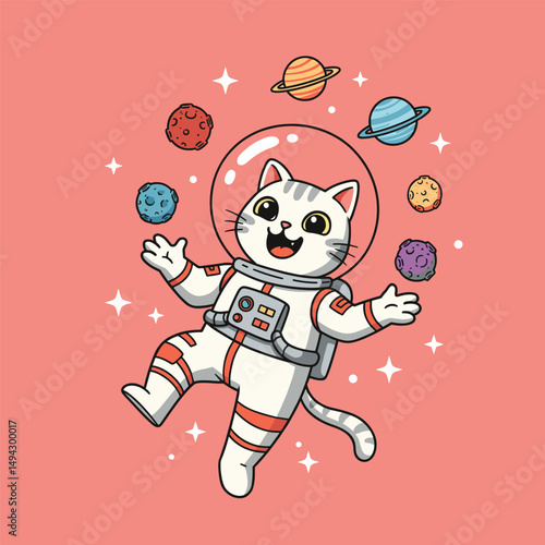 Cartoon cat experiencing weightlessness in space.