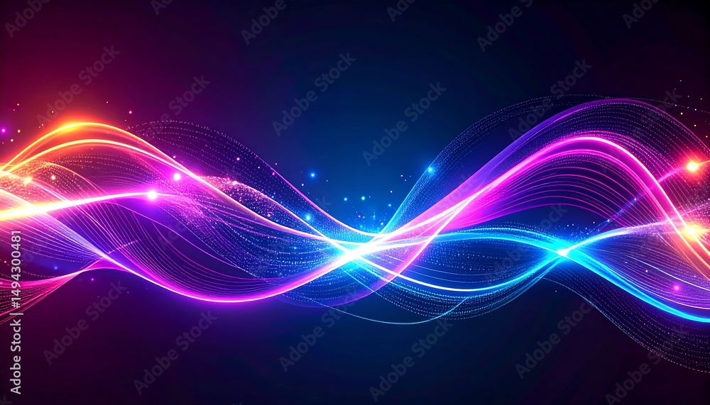 Naklejka premium Abstract colorful neon waves with dark background.
