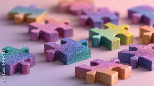 Colorful puzzle pieces in unique patterns, celebrating neurodiversity on a soft gradient backdrop

