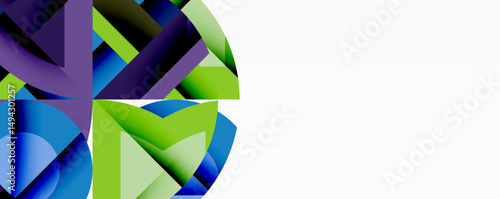 Abstract geometric shapes, vibrant colors blend. Modern design, clean lines, negative space dominates right side. Composition feels dynamic, energetic.