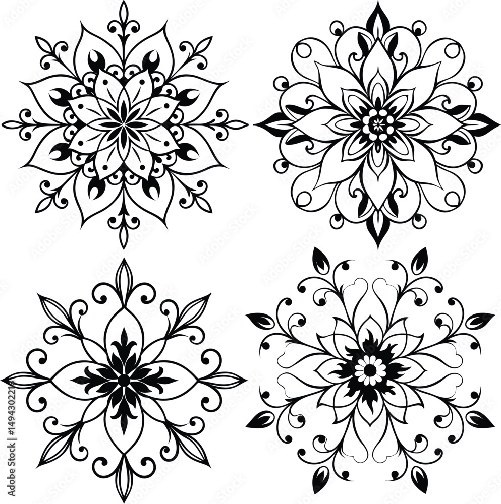 Obraz premium Collection of Four Elegant Floral Mandala Designs in Black and White for Coloring Pages