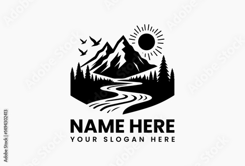 Monochrome SVG mountain range vector logo with radiant sun, flying birds, flowing river and pine forest. Wilderness landscape emblem  