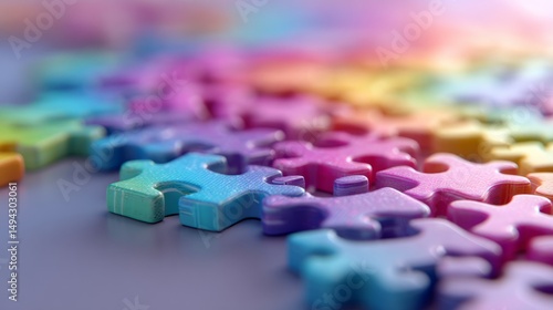 Colorful puzzle pieces in unique patterns, celebrating neurodiversity on a soft gradient backdrop
