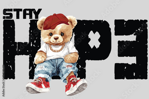 Teddy Bear Rapper Vector Illustration. Stay Hope.