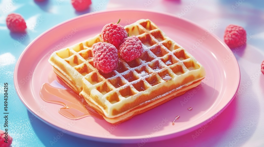 Delicious waffle topped with raspberries Delicious waffle topped with raspberries