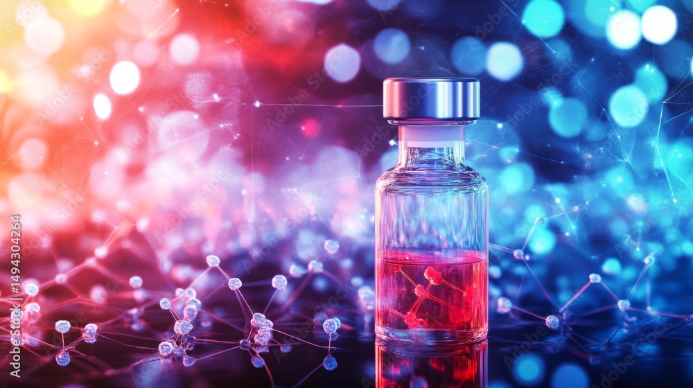 Vial of Sirolimus with Colorful Digital Overlay and Cellular Background Vial of Sirolimus with Colorful Digital Overlay and Cellular Background