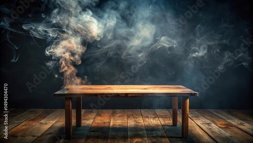 Atmospheric study of empty wooden table with smoke slowly floating upwards against a dark background, evoking a sense of contemplation and isolation , somber mood, contemplation