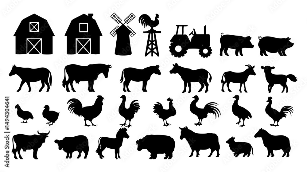 Fototapeta premium Farm animals and buildings silhouettes vector illustration for agriculture and livestock design elements