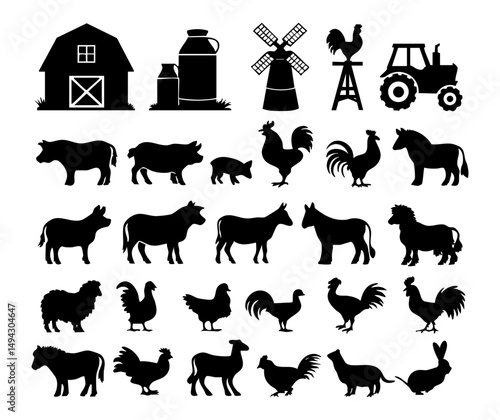 Farm animals silhouettes collection vector illustration including cow pig horse chicken and farm building 100