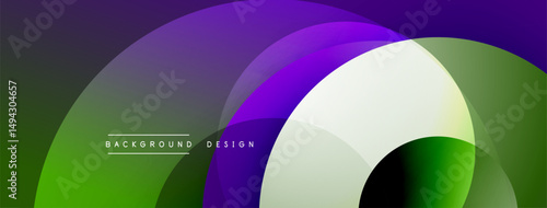 Abstract overlapping circles create vibrant gradient background. Purple, green, white hues blend smoothly, modern design element.
