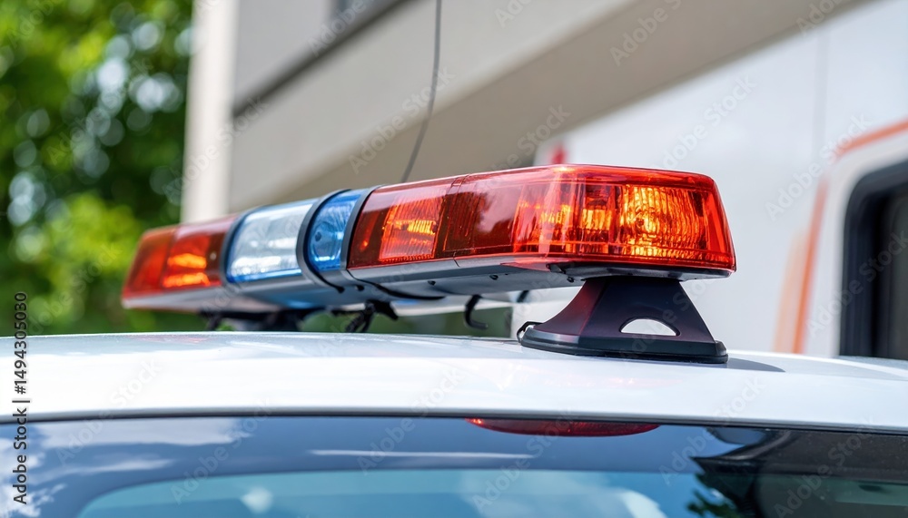 Fototapeta premium Emergency Vehicle Flashing Lights Close Up Detail Red and Blue Police Car Lights