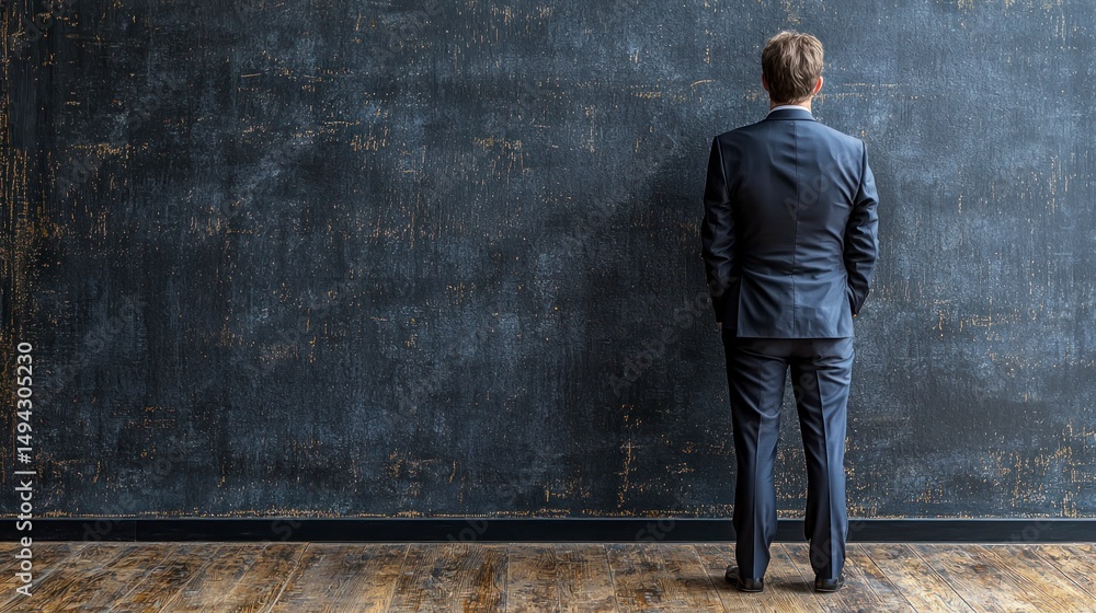 Obraz premium Businessman in Suit Standing in Front of Blank Wall Contemplating Financial Strategies and Stock Market Opportunities