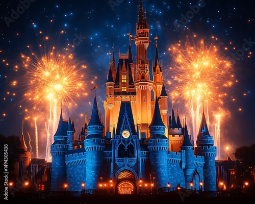 Cinderella Castle fireworks display at night.