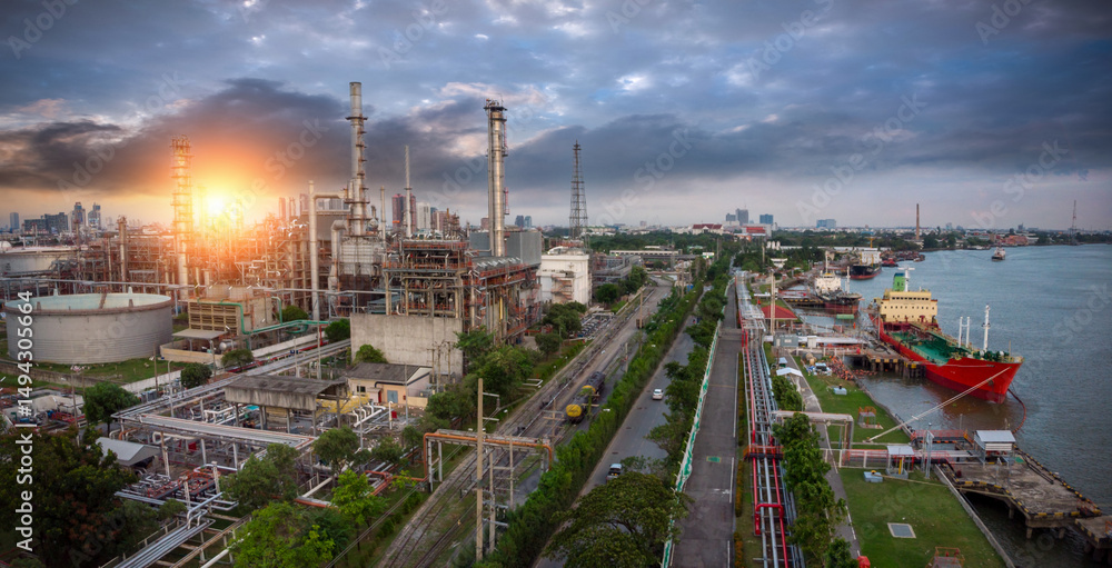 Obraz premium Aerial view oil refinery, refinery plant, refinery factory petrochemical plant