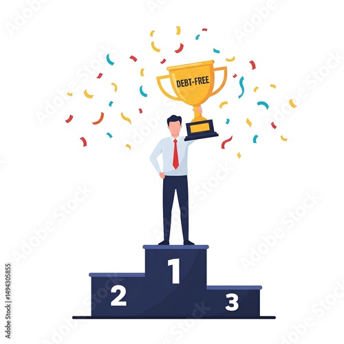 A businessman celebrates debt freedom by triumphantly holding a gold trophy on a winners podium amidst celebratory confetti signifying financial success and achievement.