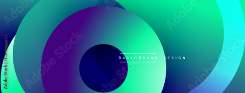 Abstract circles overlap, creating vibrant gradients. Blue, purple, green hues dominate design. Modern aesthetic, simple composition.