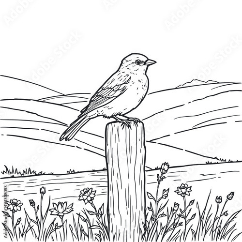 A Perched Bird on a Post with a Scenic Background Illustration Coloring Page for Kids