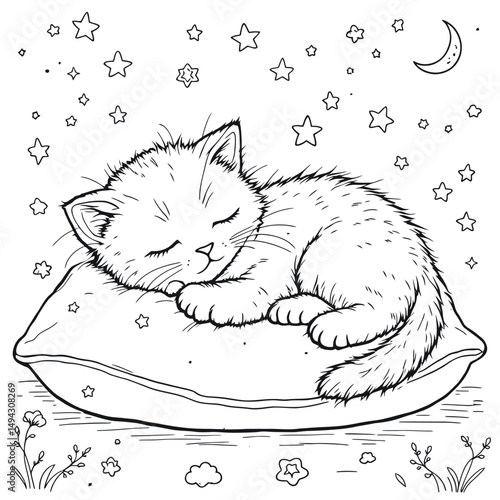 A Sweet Dream Land Kitten Illustration Coloring Page for Relaxation and Creative Expression Through Color
