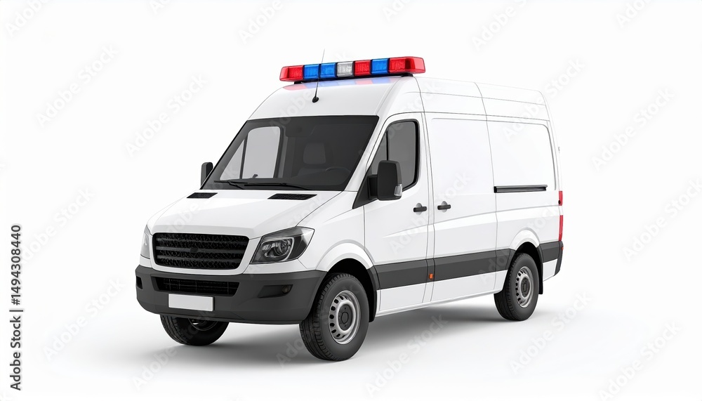 Naklejka premium White Emergency Response Van with Flashing Lights Ideal for Security or Medical Transportation