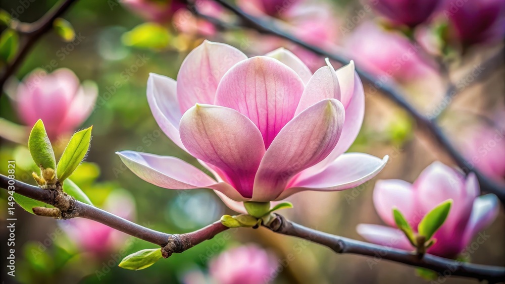 Fototapeta premium Delicate pink petals unfolding from a sturdy branch, revealing the elegant magnolia flower's intricate details