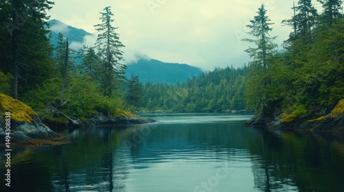 Serene tranquil lake surrounded by lush forest and mountains under soft light