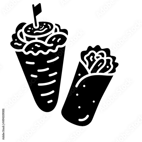 A black and white illustration of a shawarma cone and a burrito.