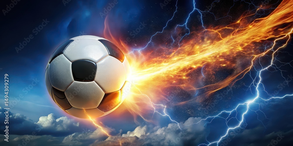Fototapeta premium Fierce soccer ball ablaze under starry night sky with lightning bolt shooting out from it, energy, soccer, energy,soccer