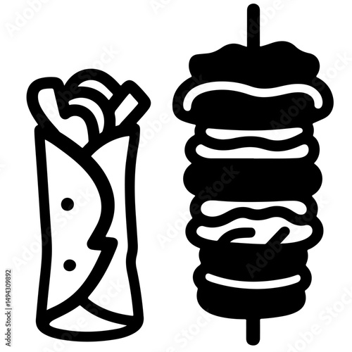 A black and white illustration shows a shawarma and a burrito.